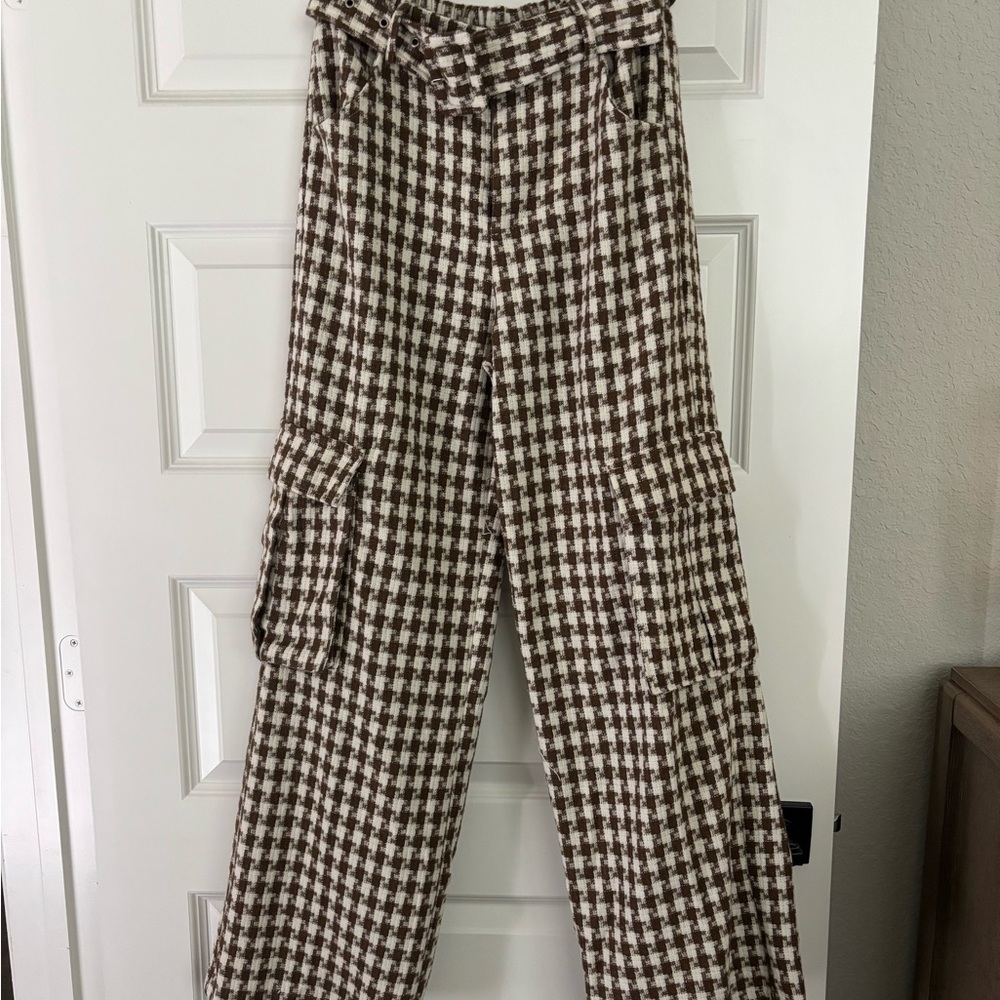 Blue Blush Brown and White Checkered Flare Jeans